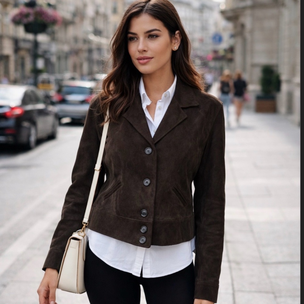 Lauren Ralph Lauren Brown Suede Cropped Jacket Equestrian Style | Button Front L